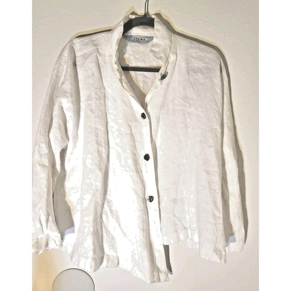 Itemz Chris Baumgartner 100% Linen Asymmetric Button Up Shirt White Lagenlook OS